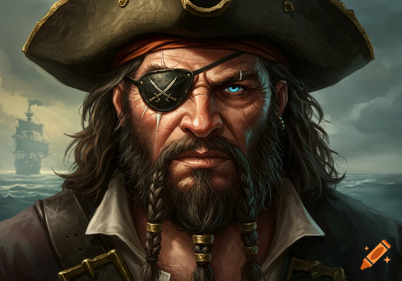 A detailed digital painting of a fierce pirate captain with an eyepatch, braided beard, and blue eye, a ship on the stormy sea behind him.