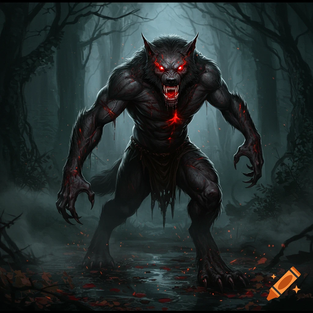 A fierce, dark werewolf with glowing red eyes and claws stands in a misty, dark forest at night.
