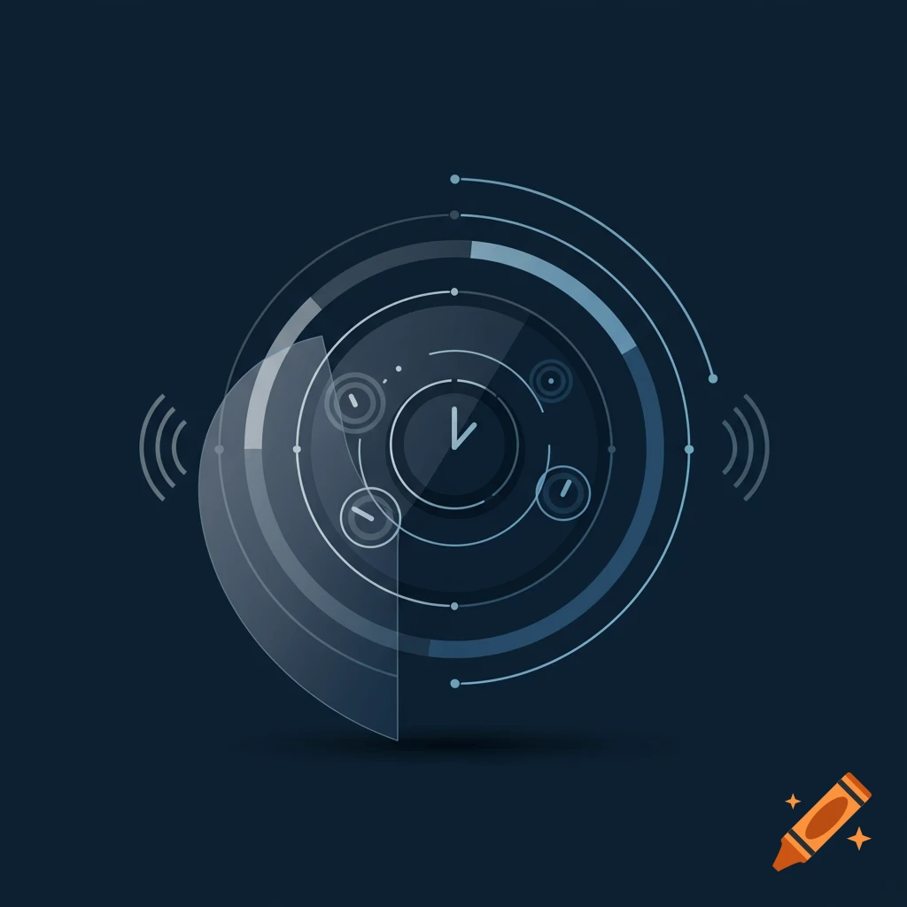 Abstract blue and grey futuristic circular graphic with lines and dots resembling a radar or data display.