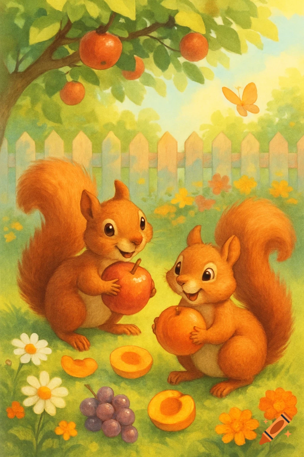 Two cute cartoon squirrels hold apples in a vibrant backyard garden illustration with a fence, tree, and various fruits.