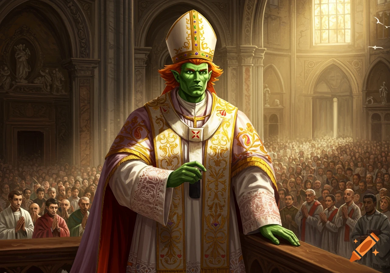 Green-skinned, orange-haired figure dressed as a pope stands before a large congregation in an ornate church.