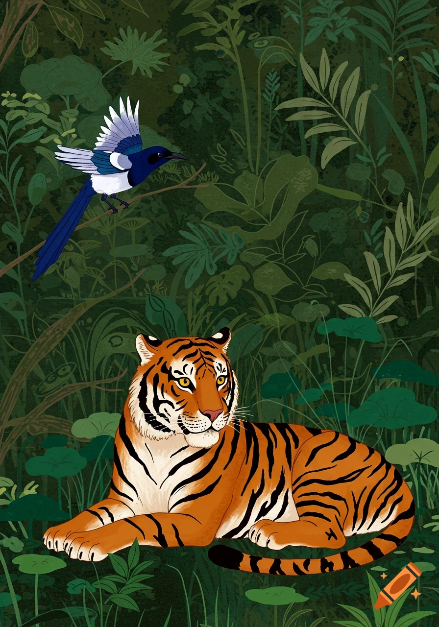 A Minhwa style illustration of an orange tiger lying in a lush green jungle with a blue and white magpie on a branch above.