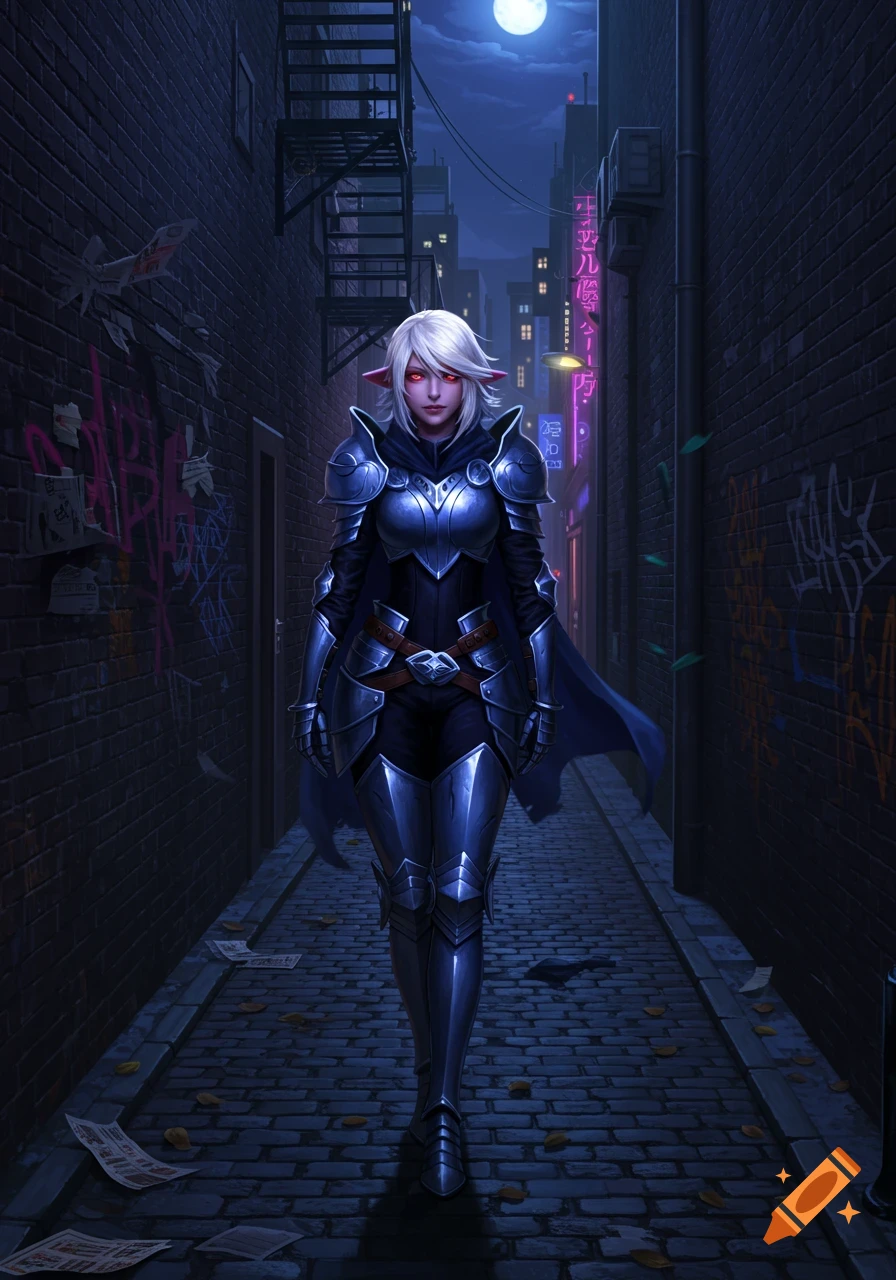 A white-haired warrior with red eyes and metallic armor walks through a dark, graffiti-covered alley at night, under a full moon.
