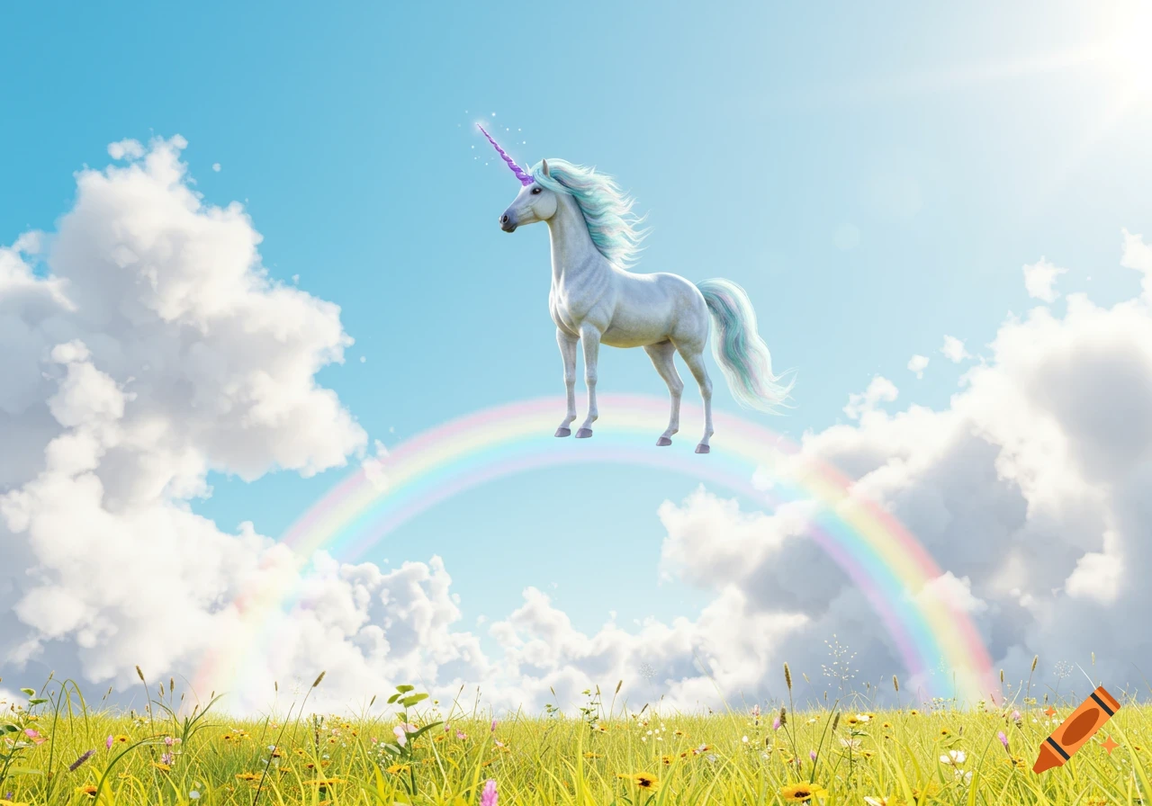 A white unicorn with a purple horn and flowing blue-green mane stands on a vibrant rainbow over a green field under a bright blue sky with white clouds.