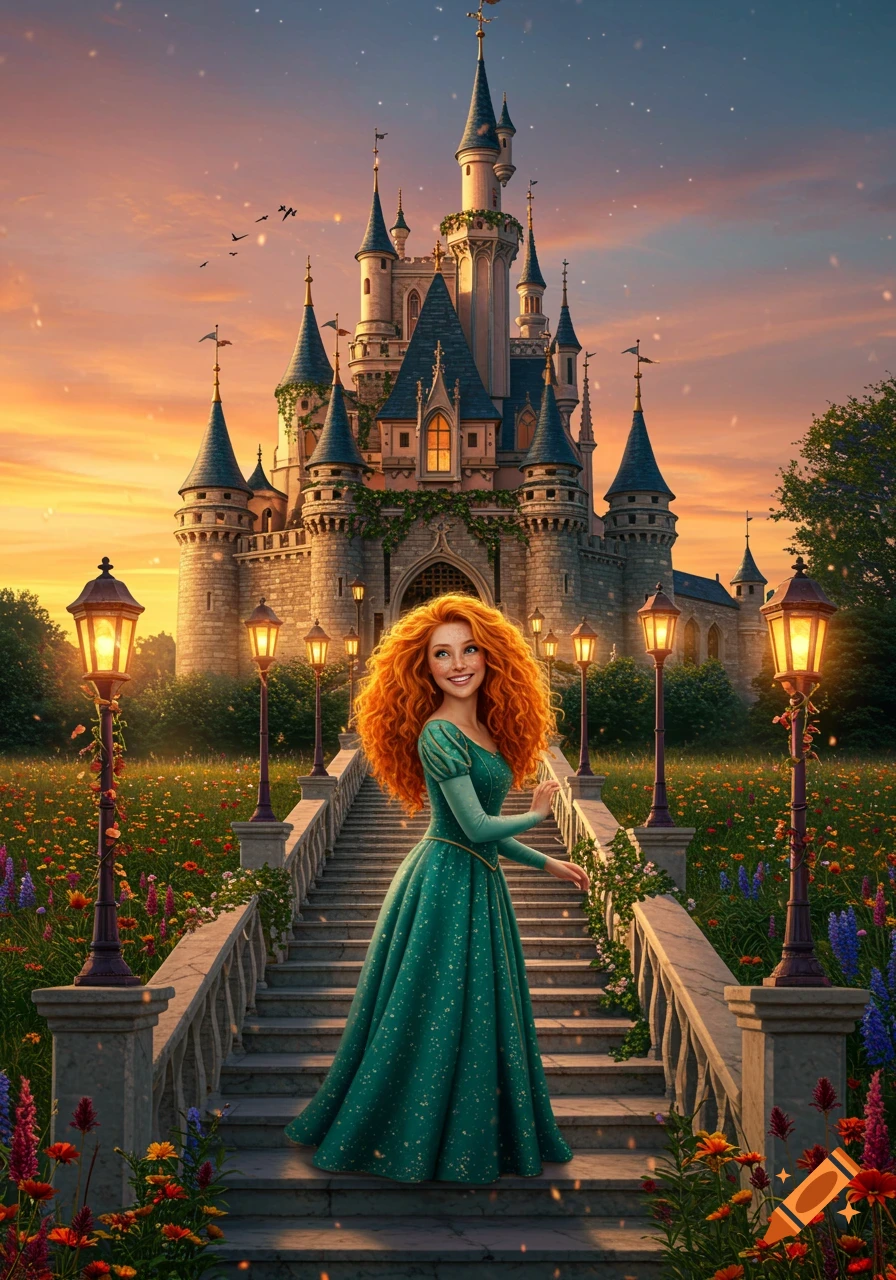 A red-haired princess in a green dress stands on a stone staircase leading to a magical castle at sunset, surrounded by flowers.