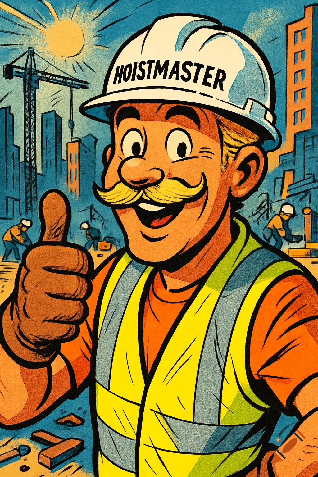 A cartoon construction worker with a mustache in a hard hat and safety vest gives a thumbs up at a construction site.