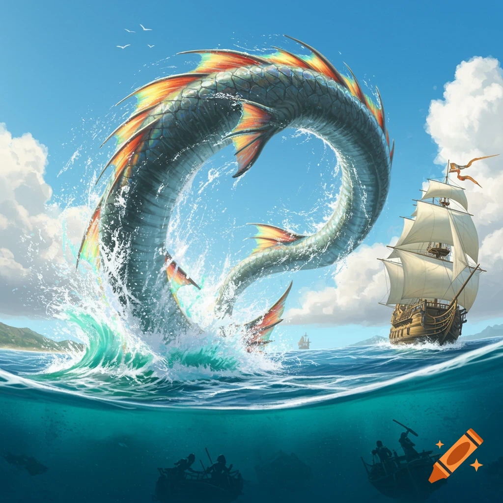 A vibrant sea monster breaches the ocean next to a large sailing ship under a clear blue sky, with underwater view.