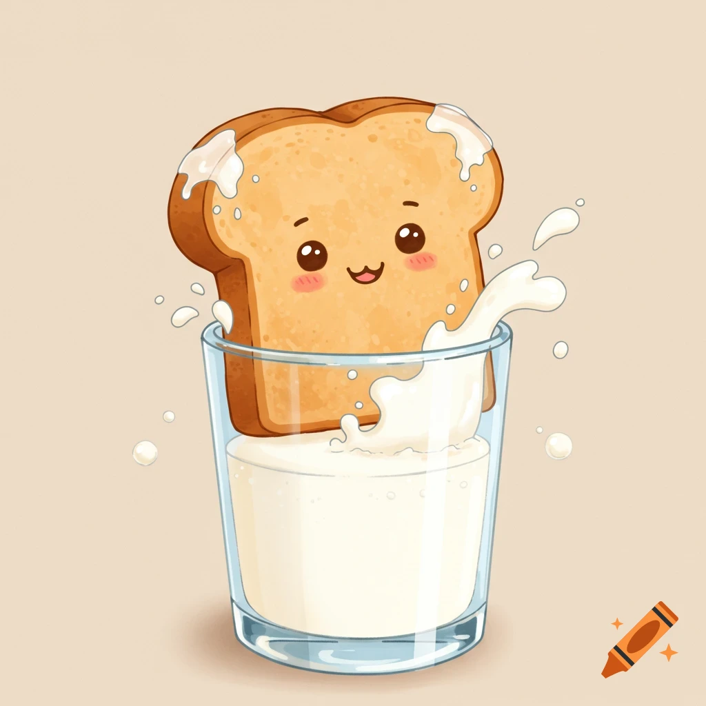 A happy, smiling cartoon slice of toast is pulled out of a clear glass of milk, with milk splashing around it.