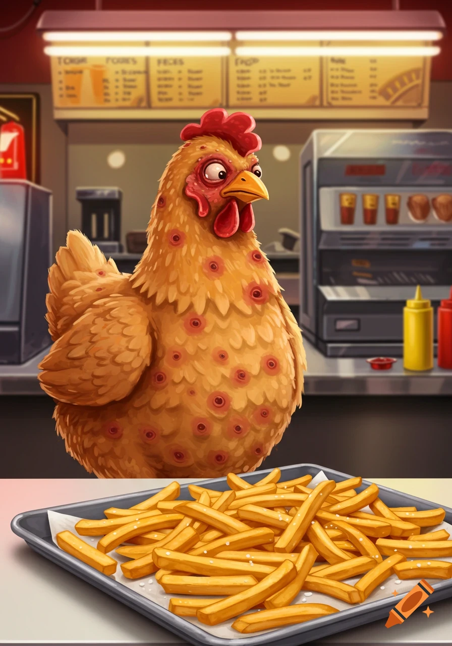 A cartoon chicken with red spots stands behind a counter with a tray of golden french fries in front.