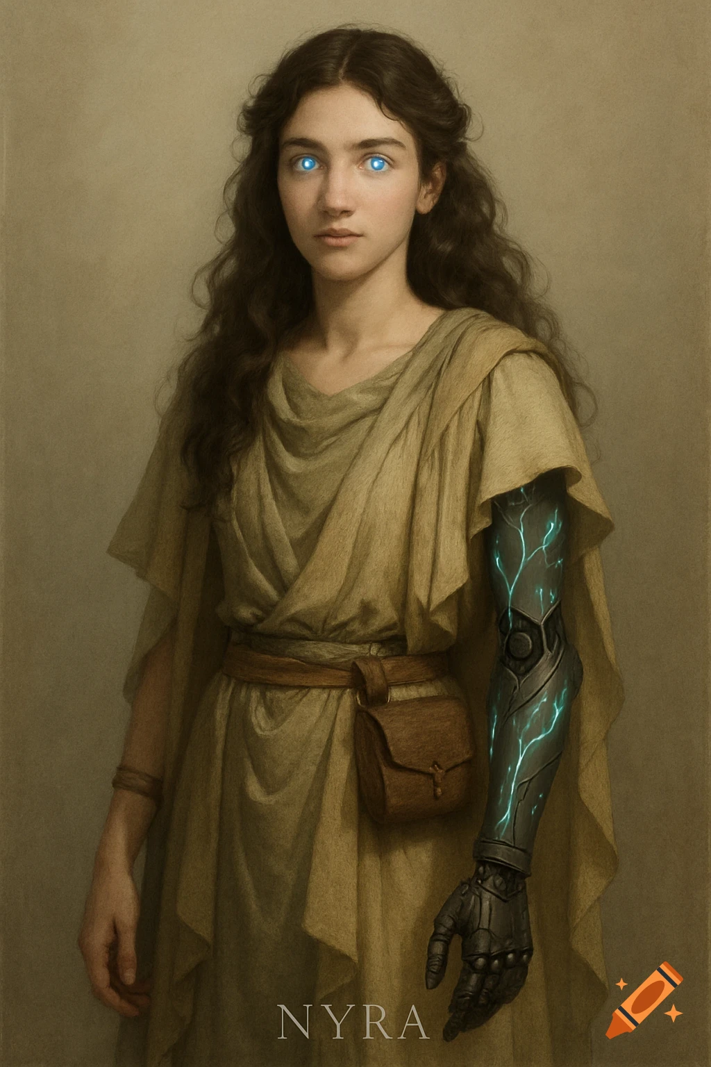 A photorealistic portrait of a young woman with long dark hair, luminous blue eyes, wearing a golden Grecian dress, and a glowing prosthetic arm.
