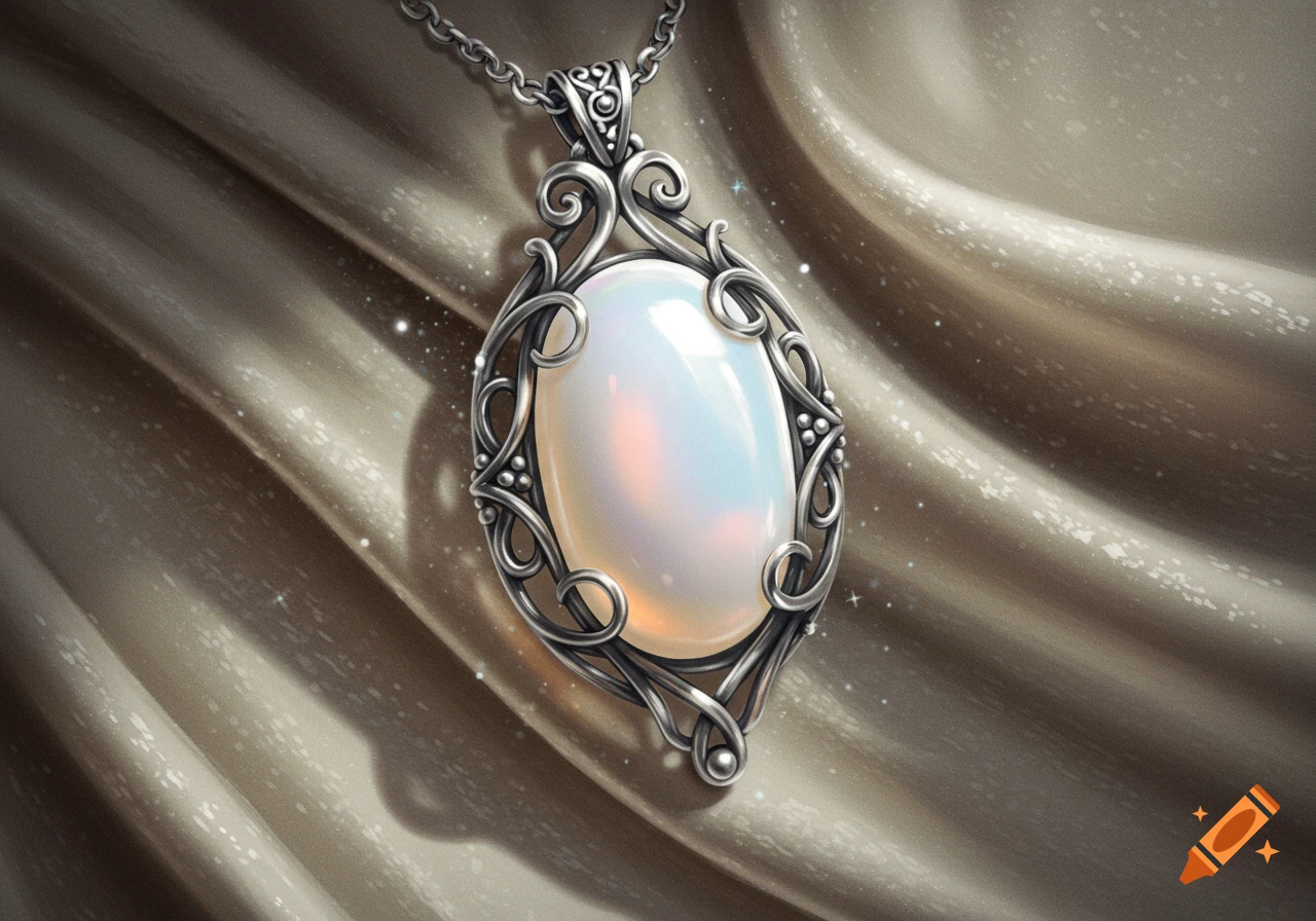 An elegant silver necklace with an oval, iridescent white opal stone resting on a flowing beige silk fabric.