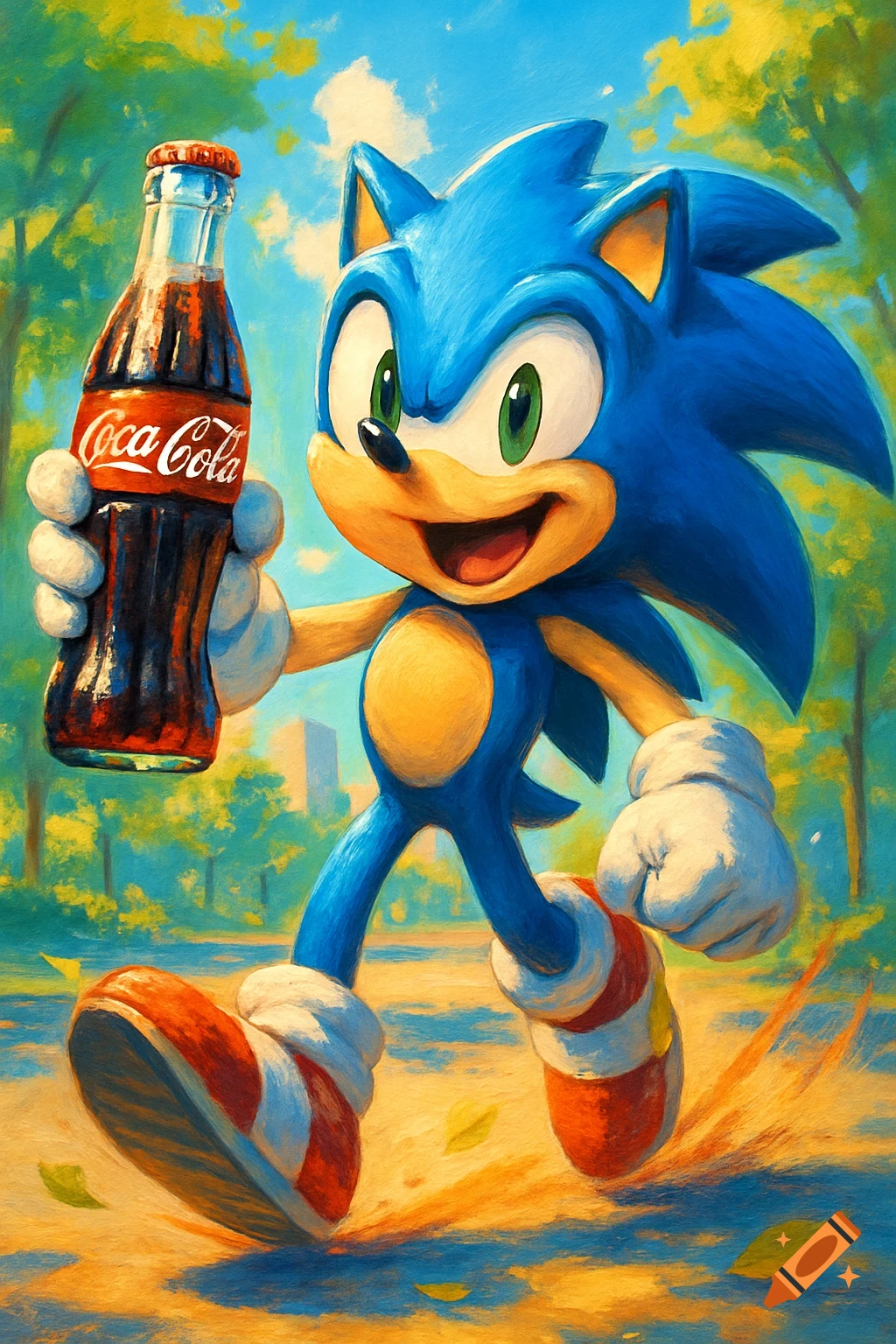 Sonic the Hedgehog holding a Coca-Cola bottle, walking in a park, in a vibrant painterly style.