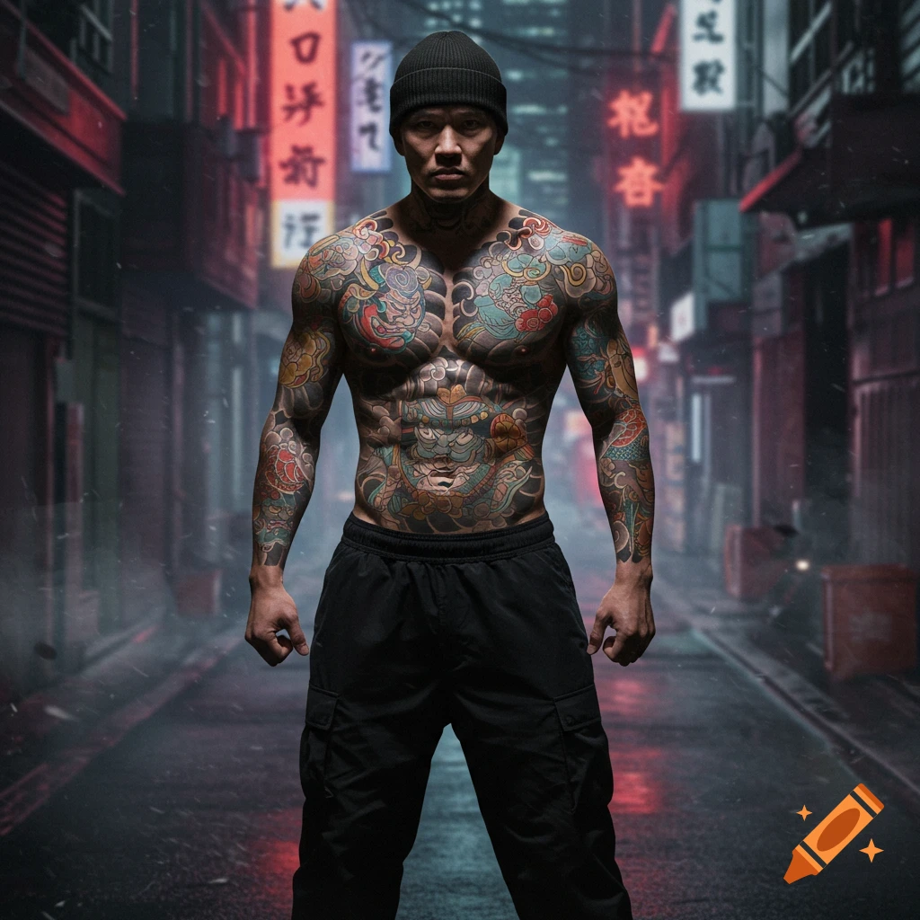 A muscular, heavily tattooed man in a black beanie and cargo pants stands confidently in a dark, neon-lit urban alleyway.