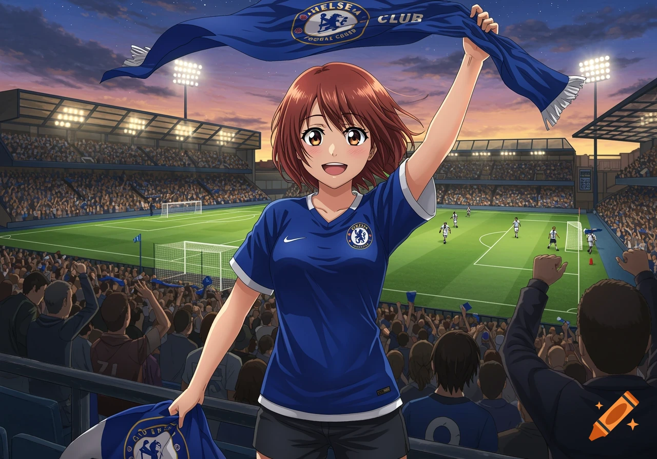 An anime girl with brown hair wearing a blue Chelsea FC jersey cheers at a football stadium, holding a Chelsea scarf aloft. Players are on the field.