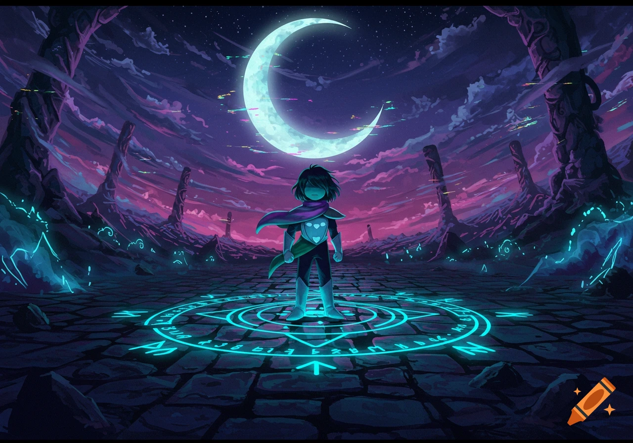 An anime-style character in dark armor and a purple and green cape stands on a glowing blue magic circle under a large crescent moon in a mystical, dark landscape.