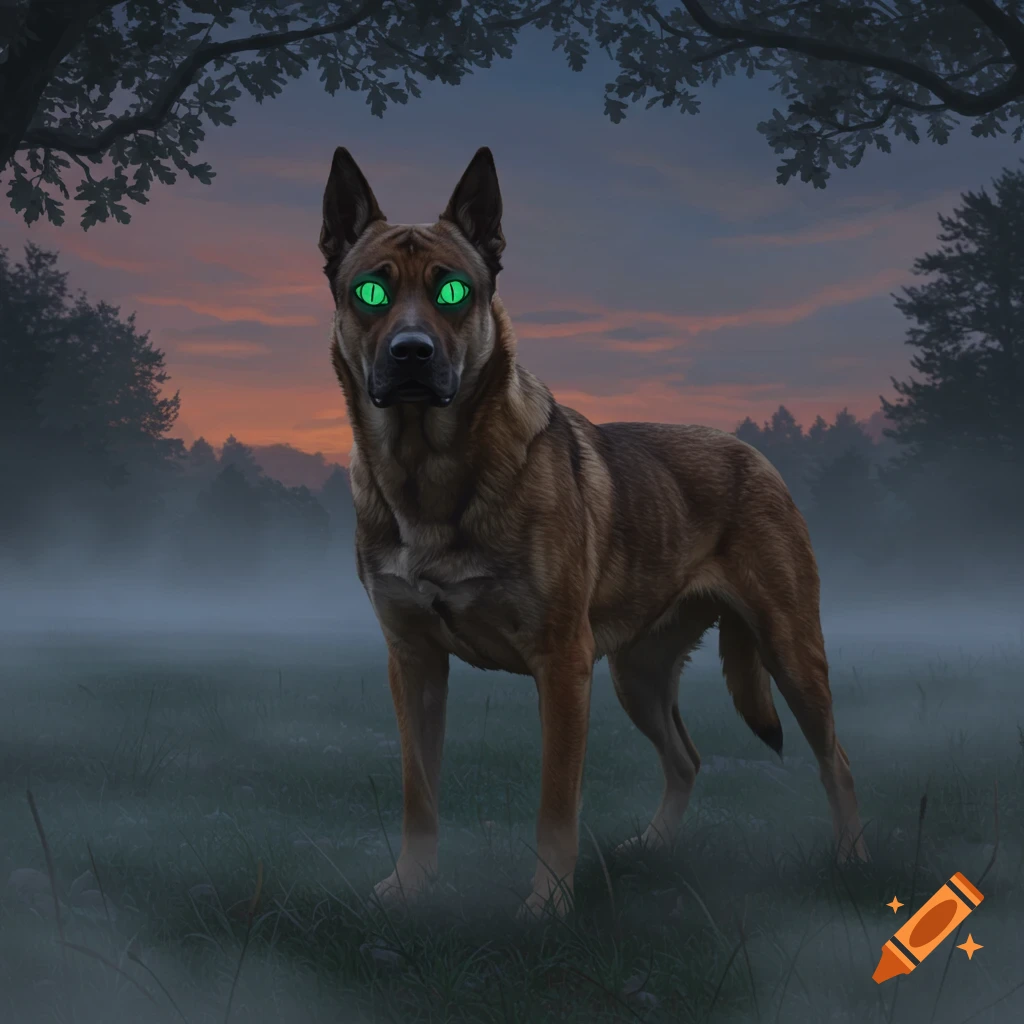A dog with glowing green eyes stands in a misty field at dusk under trees.