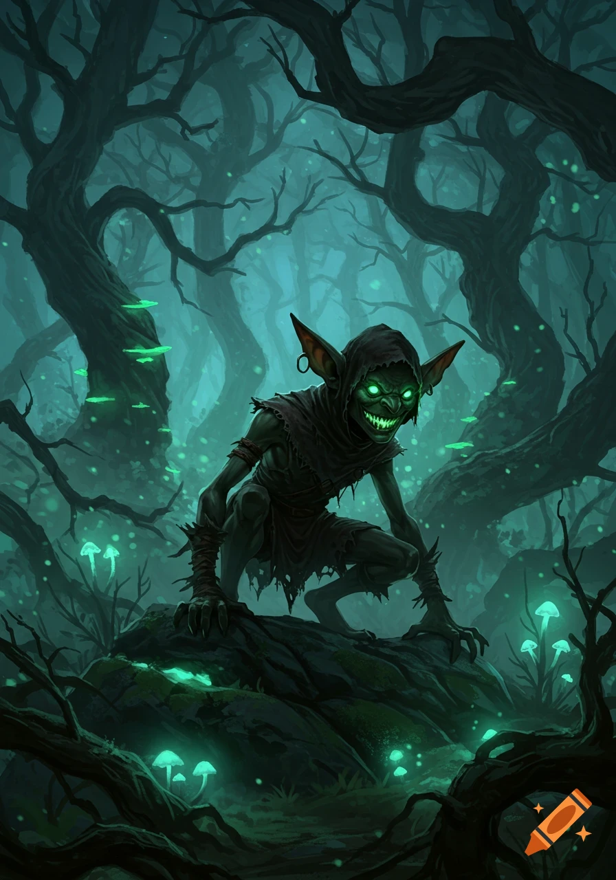 A menacing goblin with glowing green eyes and teeth crouches on a rock in a dark, misty forest with glowing mushrooms.