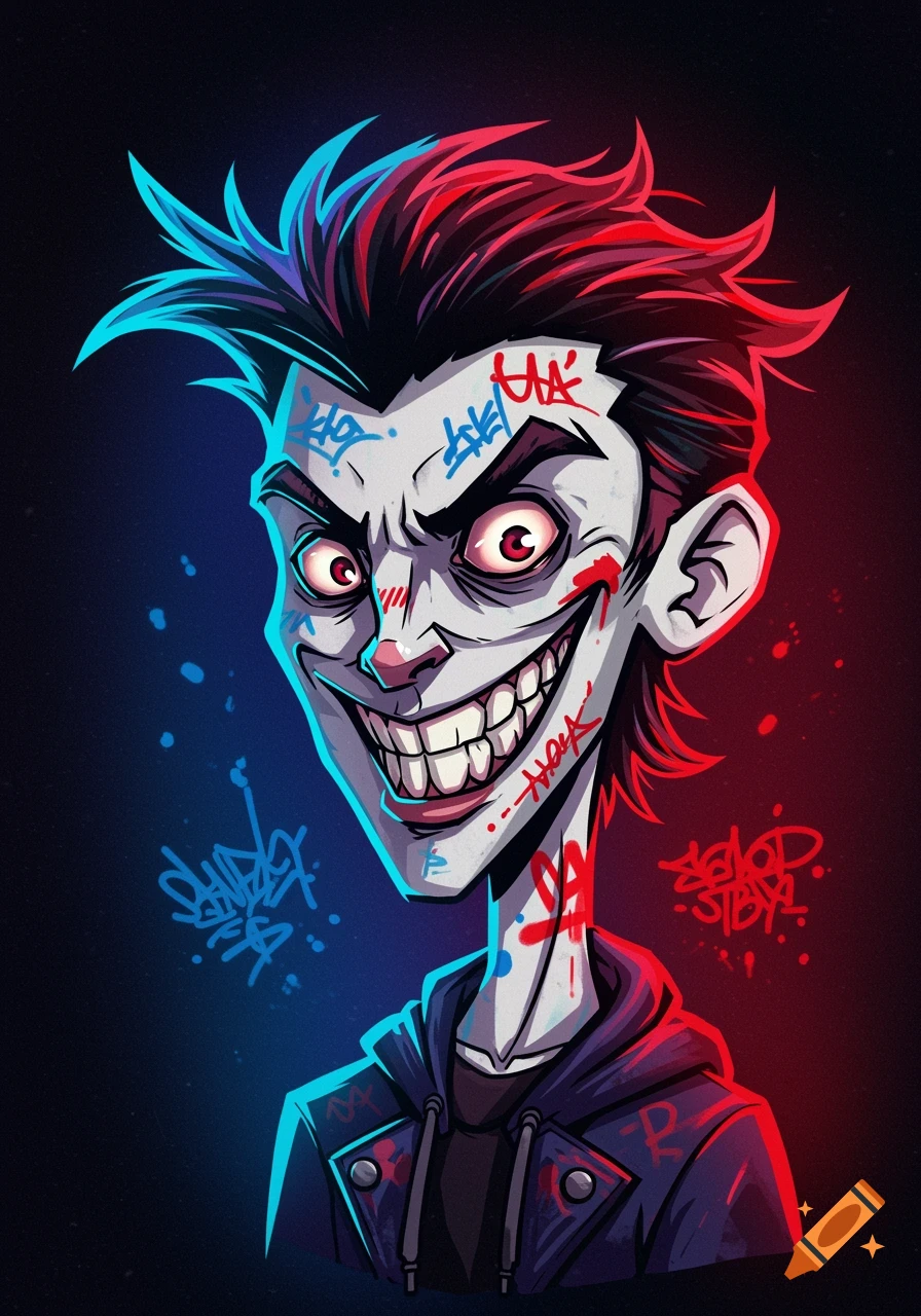 A stylized cartoon character with a menacing grin and spiky hair, covered in red and blue graffiti tags, against a dark background with a red and blue glow.