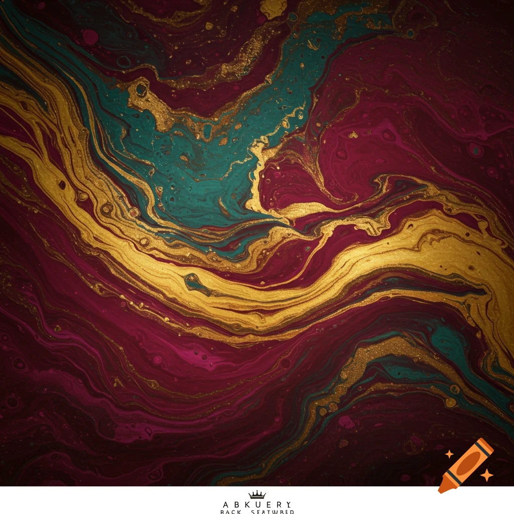 Abstract marbling pattern with swirling gold, teal, and deep magenta colors.