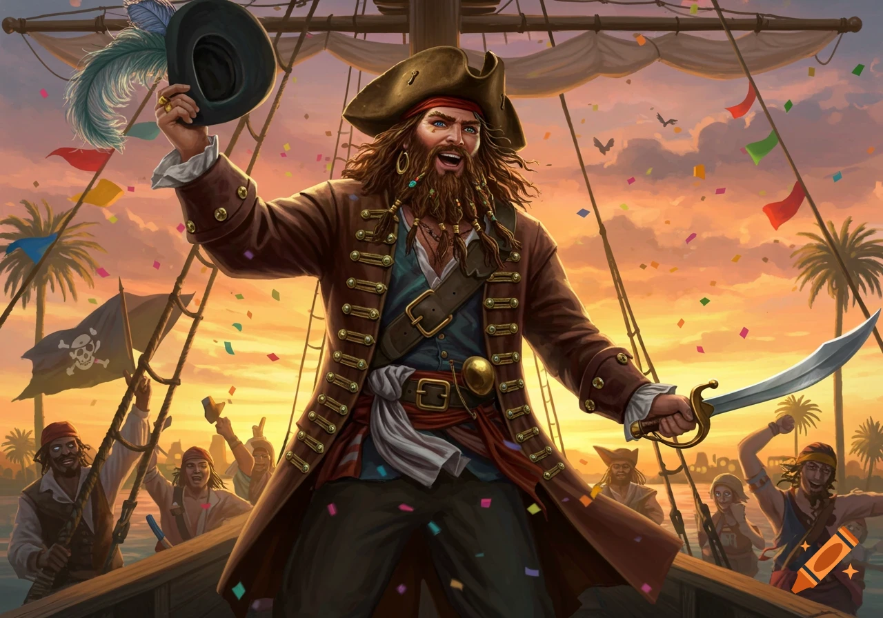 A jubilant pirate captain with a long beard holds up his hat while confetti rains down on a ship at sunset, surrounded by his cheering crew.