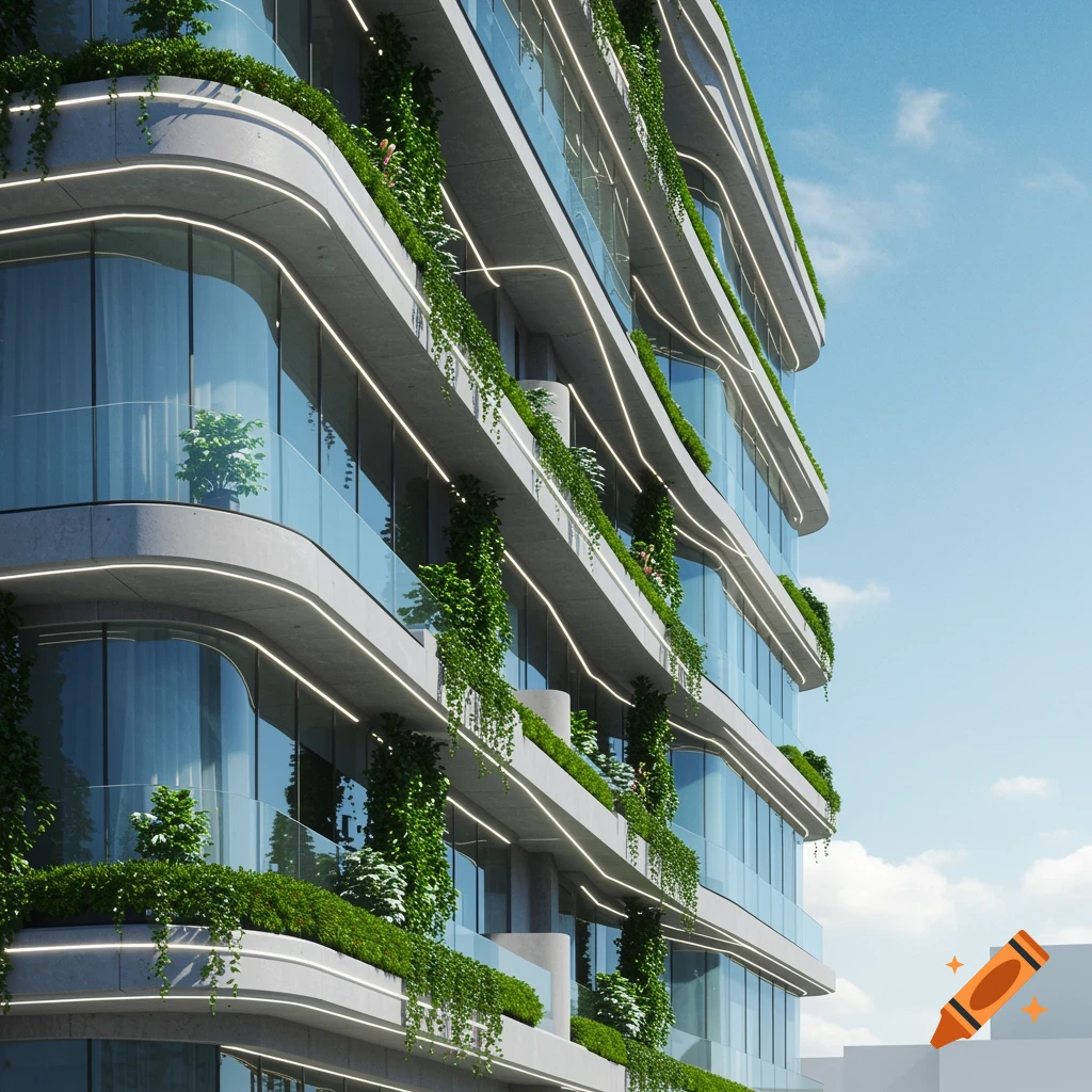 Close-up of a modern building facade with curved white concrete balconies, large glass windows, and green plants cascading down.