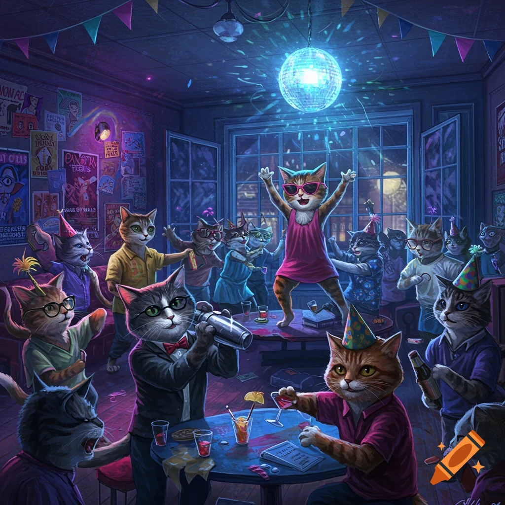 Anthropomorphic cats dance and drink at a vibrant, neon-lit college frat party with a disco ball.