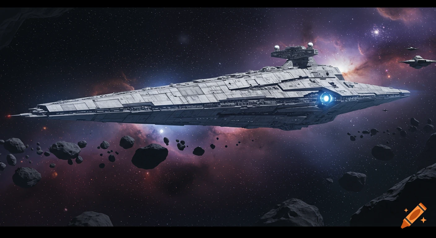 A large grey, wedge-shaped spaceship similar to a Star Destroyer floats in deep space with asteroids, nebulae, and stars.