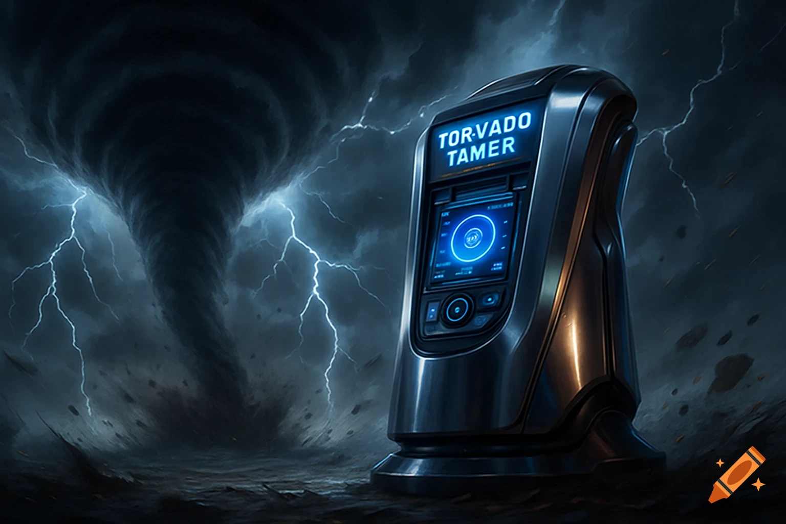 A sci-fi 'Tor-Vado Tamer' device with a glowing blue screen stands amidst a dark, stormy landscape with a large tornado and lightning.