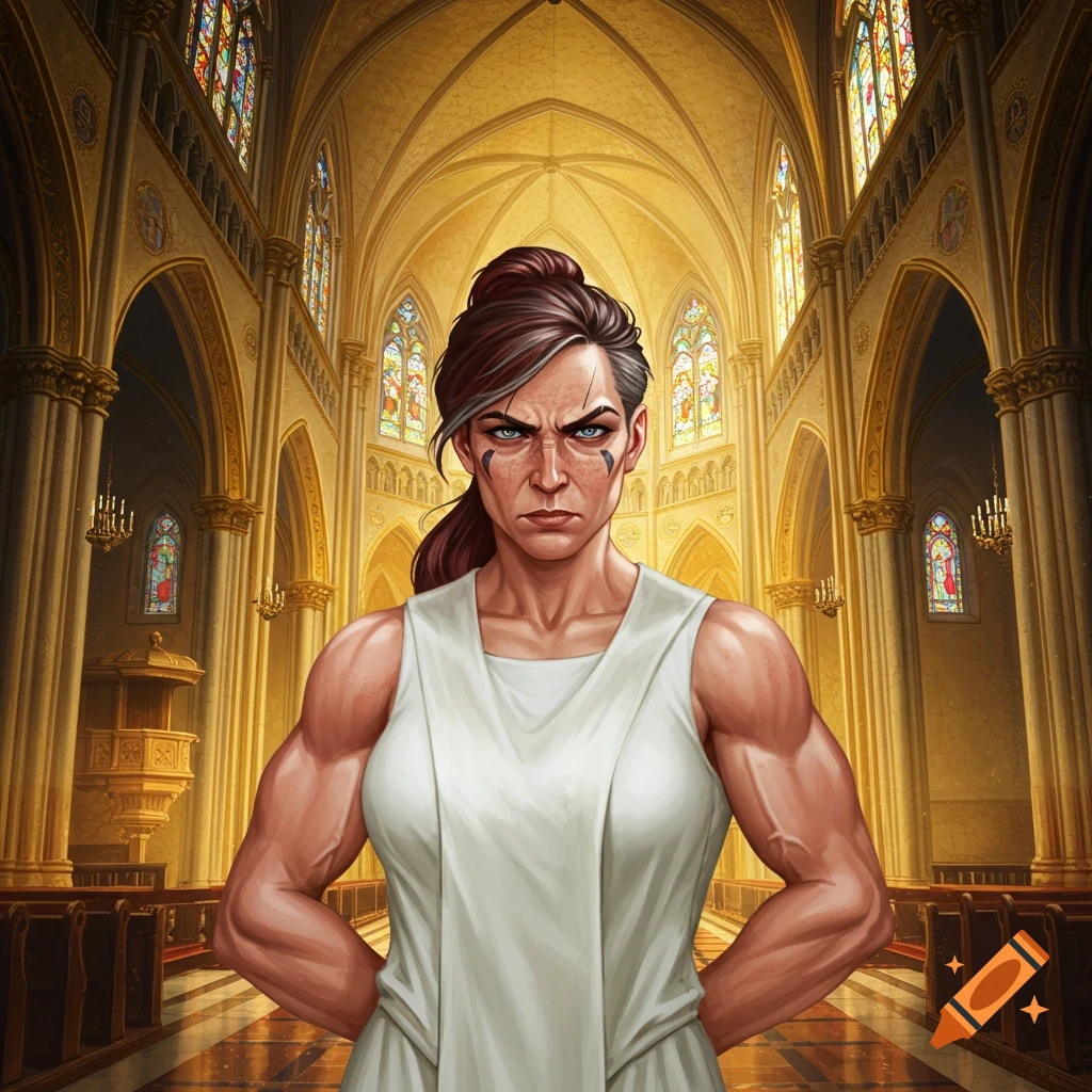 An illustration of a muscular woman with a fierce expression and facial markings, standing in a grand golden cathedral with stained glass windows.