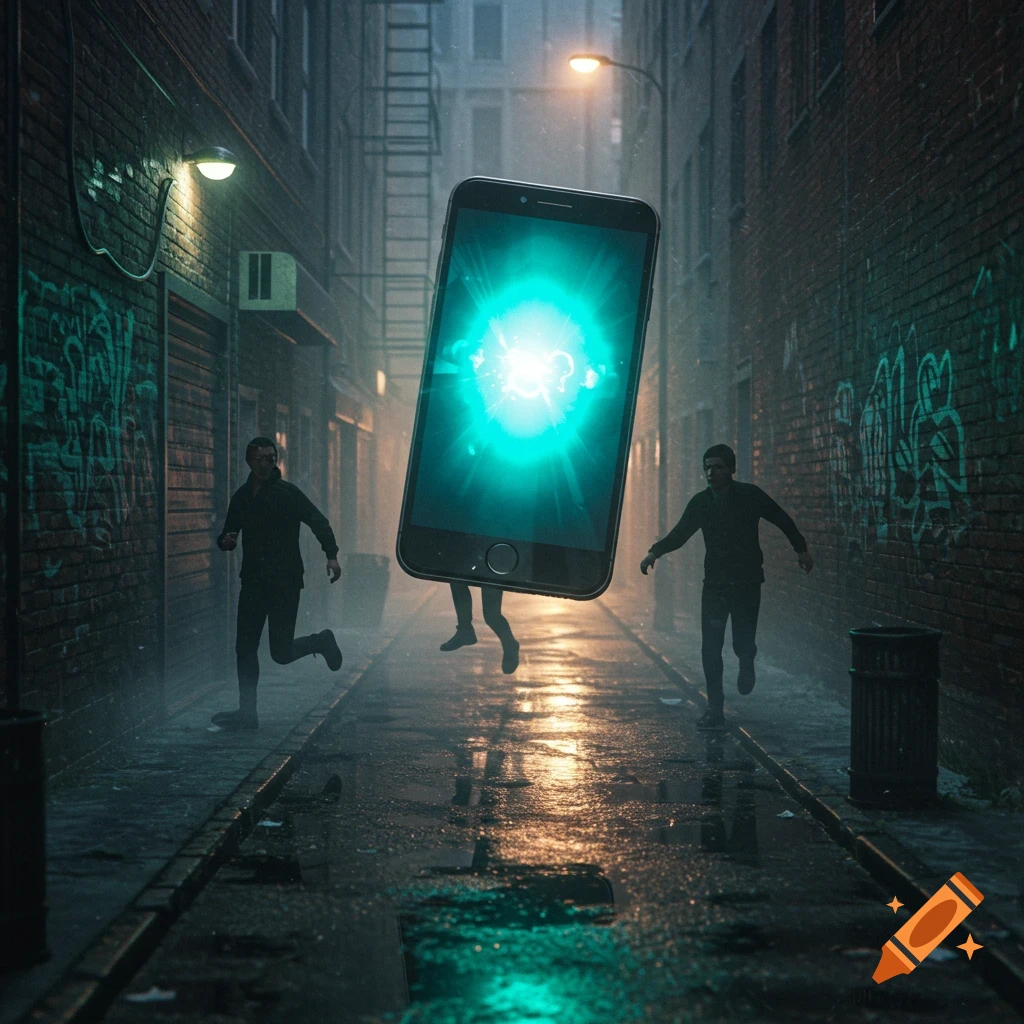 A glowing smartphone with legs chases two people down a dark, wet, graffiti-covered city alley at night.