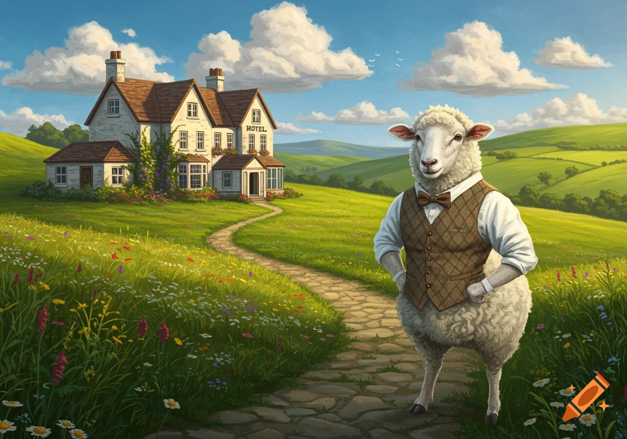 An anthropomorphic sheep in a waistcoat and bow tie stands on a cobblestone path in a green, rolling landscape with a rural motel house.