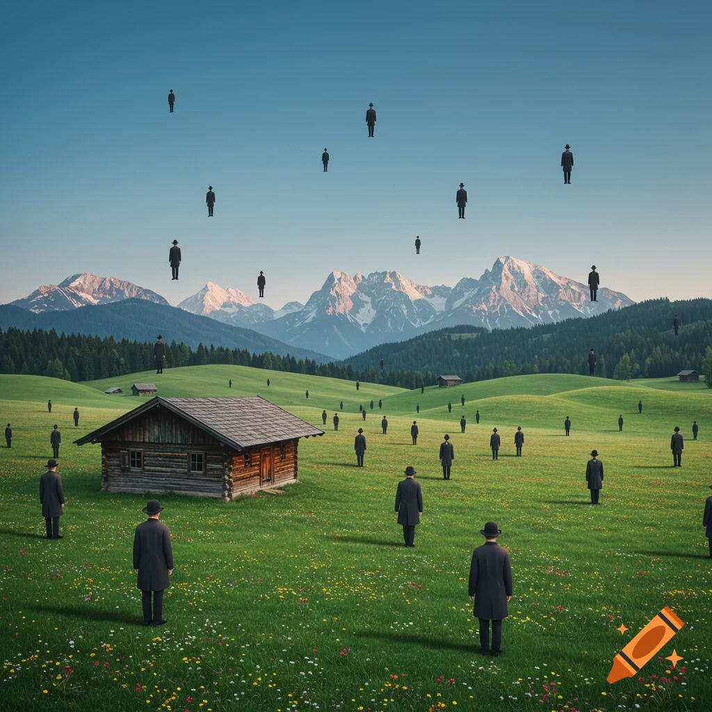 Surreal painting in the style of René Magritte showing a cabin in a green meadow with floating men in suits, mountains in the background.