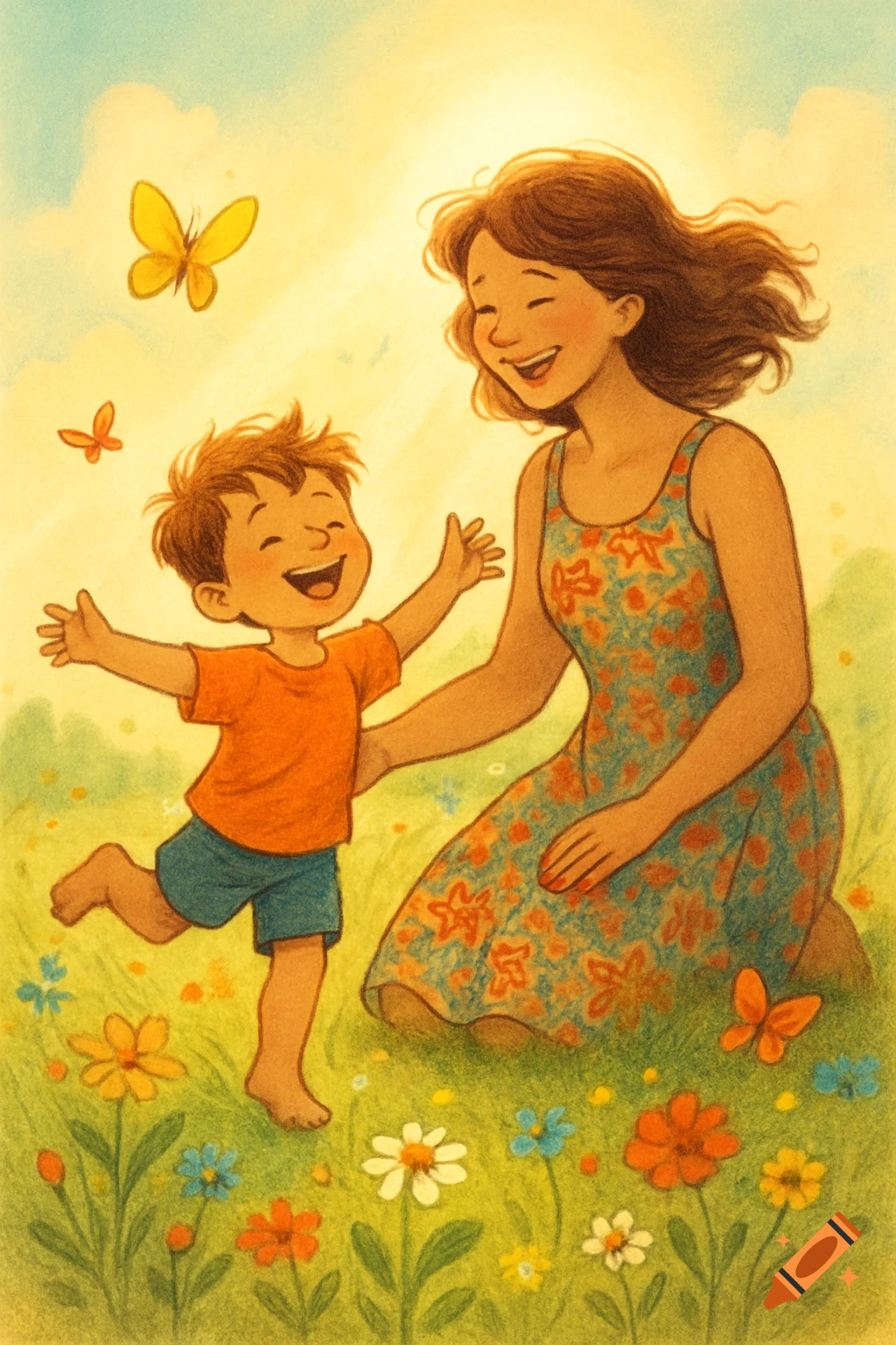 A mother and child laughing joyfully in a sunny meadow filled with colorful flowers and butterflies, in a children's book illustration style.