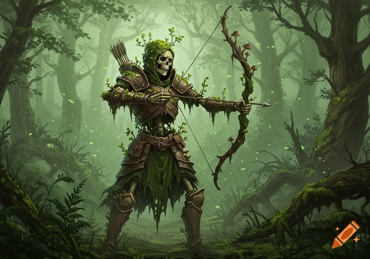 A moss-covered skeleton archer holds a bow and arrow in a dark, misty forest.