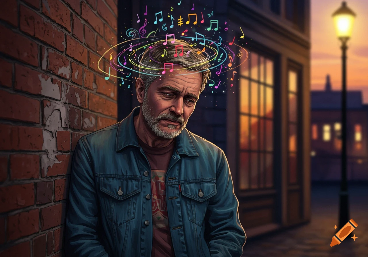 A sad-looking man with a beard leans against a brick wall, colorful musical notes swirling above his head on an urban street at dusk.