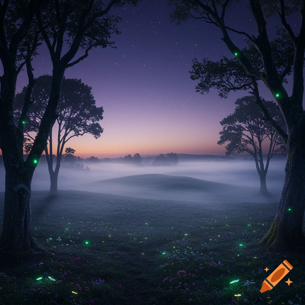 A dark, misty forest landscape at night with glowing green lights on trees and the ground, under a starry purple and orange sky.