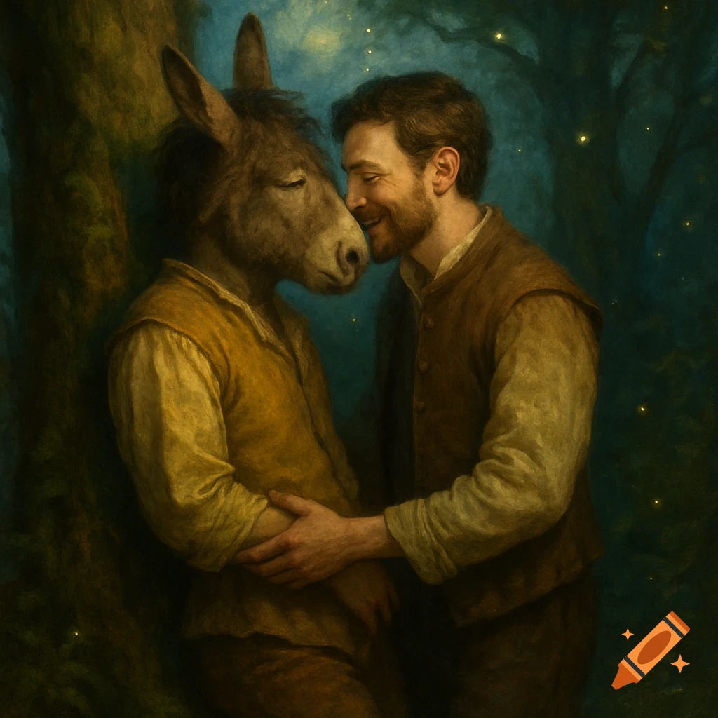 A man and a donkey-headed man embrace lovingly in a dark, enchanted forest with fireflies, in a painterly style.