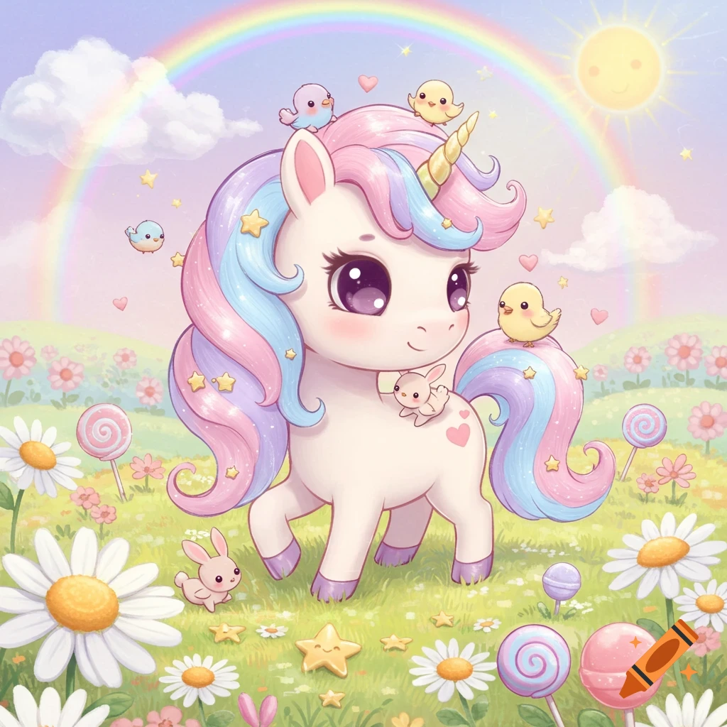 A cute cartoon unicorn with a rainbow mane and tail stands in a field of flowers and lollipops under a rainbow and smiling sun, surrounded by small birds and bunnies.