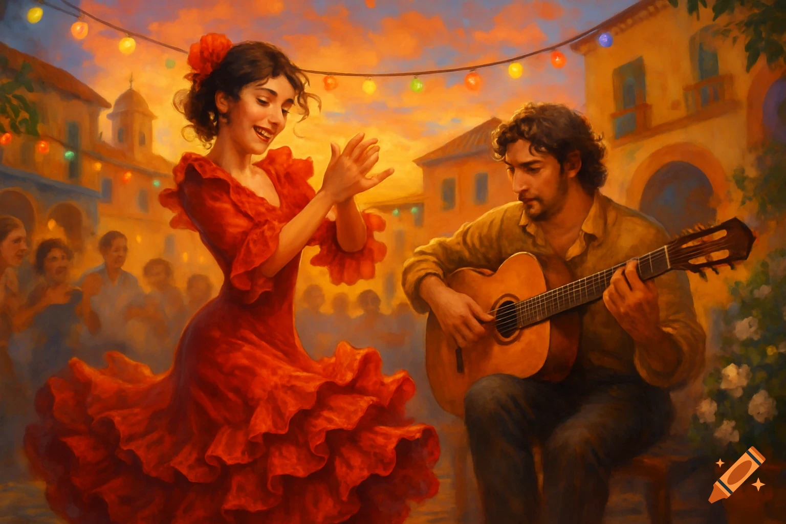 A woman in a red flamenco dress claps while a man plays guitar under string lights in a vibrant, painterly scene.