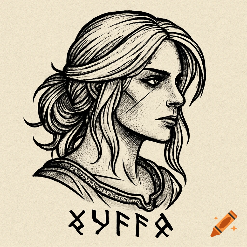 A black ink tattoo-style side profile portrait of Ciri from The Witcher 3, with stylized runes underneath.