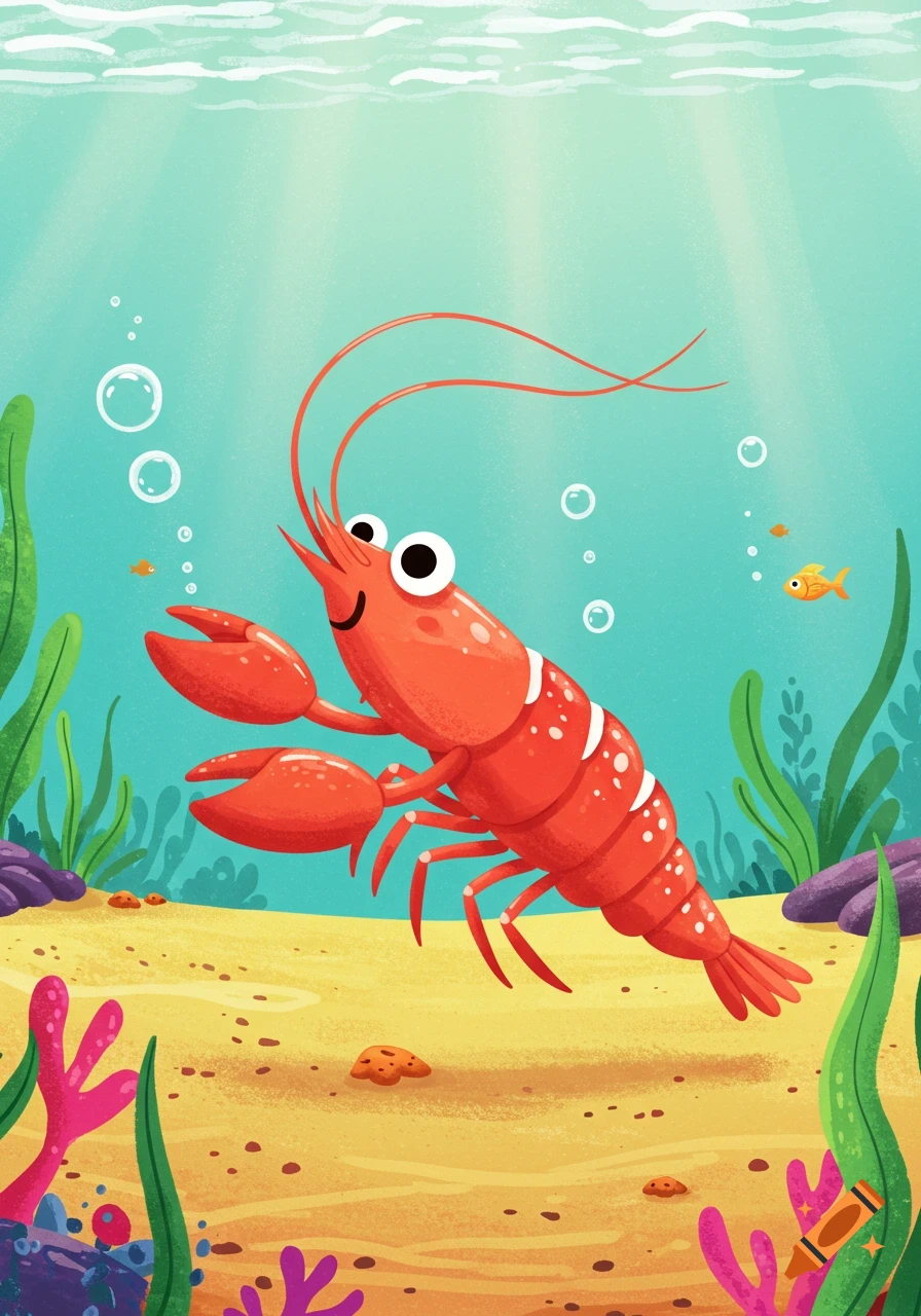 A happy cartoon shrimp swimming underwater among colorful coral and green seaweed, with bubbles and small fish.