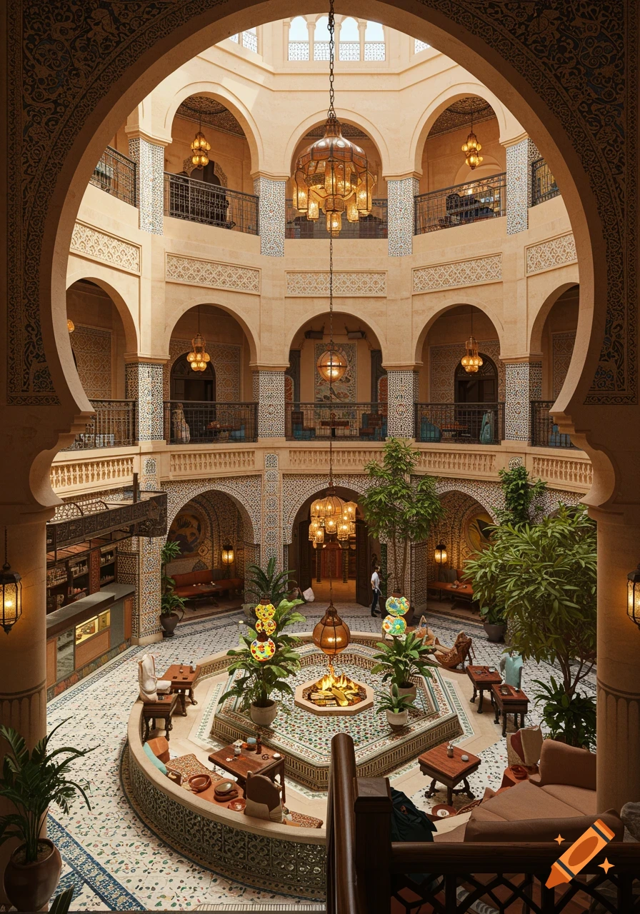 Ornate Moroccan-style interior courtyard with multiple arched levels, a central fountain, and warm lighting.