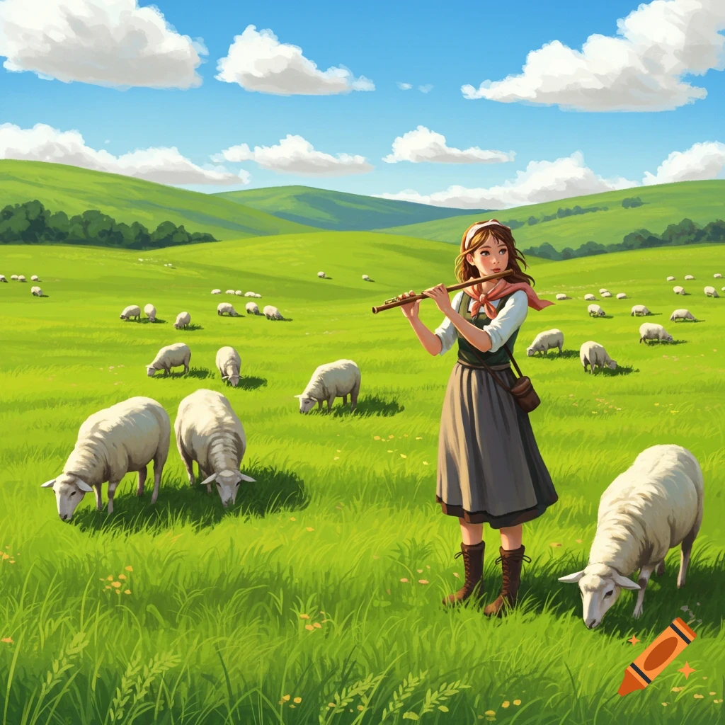 A young female shepherd plays a flute in a vast green meadow with many grazing sheep under a blue sky with white clouds, in a digital painting style.