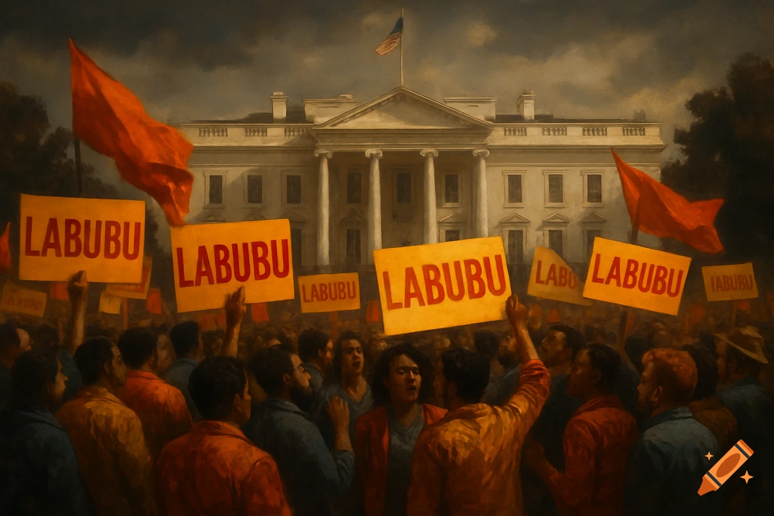 A large crowd of people protest outside the White House, holding up signs that say 'LABUBU'. The image has a painterly style.