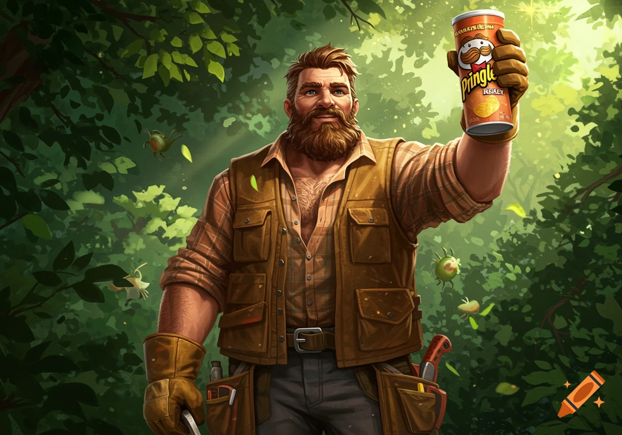 A smiling, bearded man in a plaid shirt and vest, holding a Pringles can aloft in a lush, green forest. Illustrated in a painterly style.