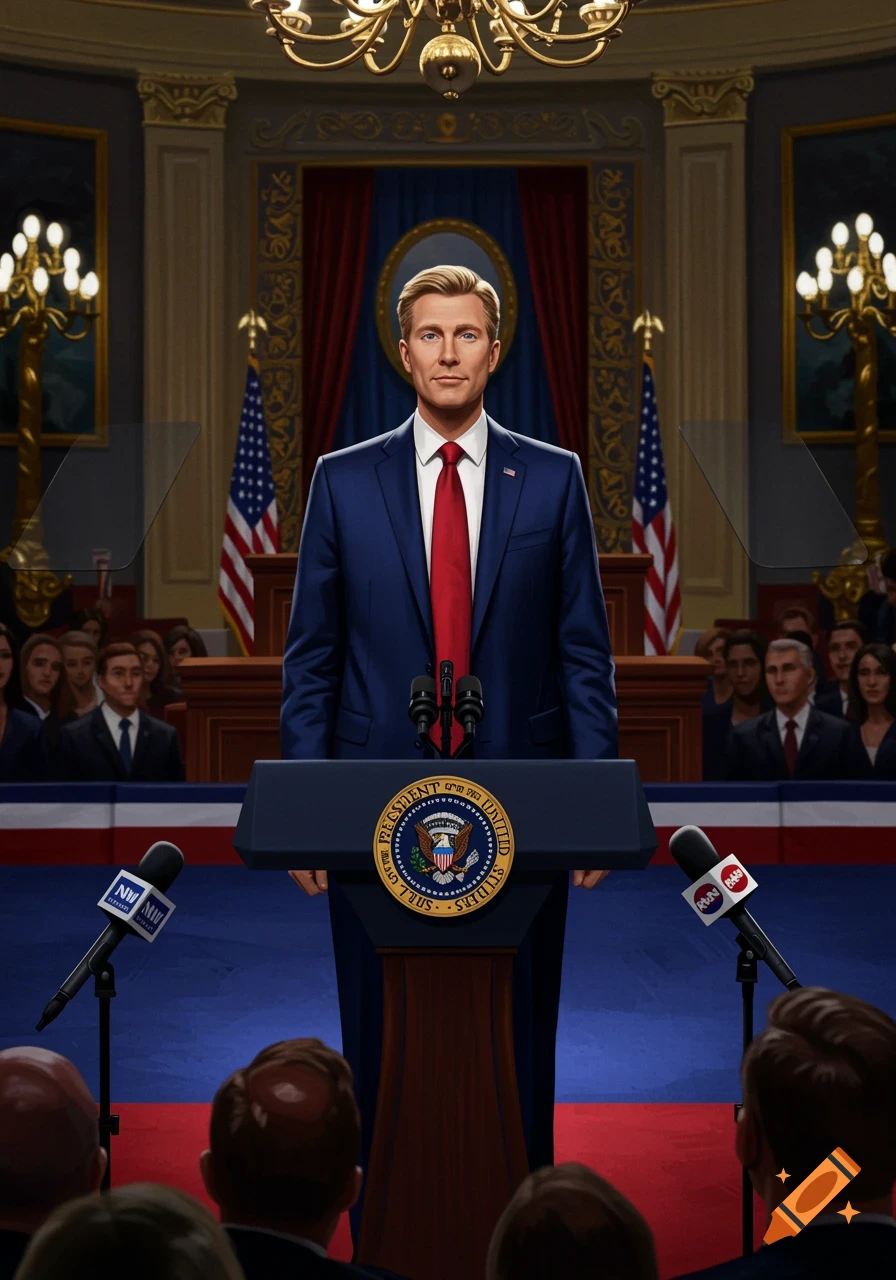 A handsome man with blonde hair and blue eyes, wearing a navy blue suit and red tie, stands behind a podium with the Presidential Seal, addressing a press conference.