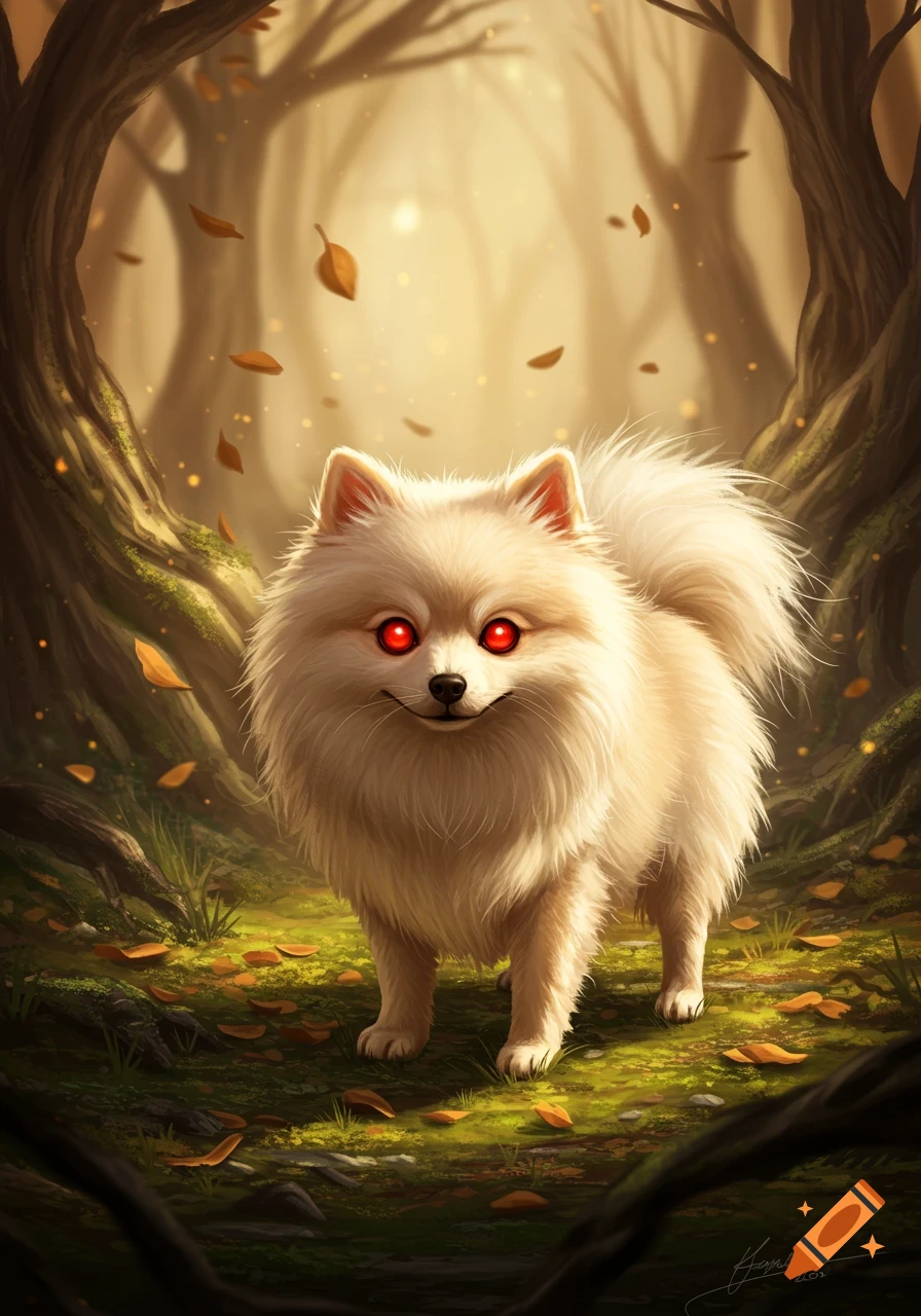 A white fluffy Pomeranian-like dog with glowing red eyes and a subtle smirk stands in an autumnal forest with falling leaves and glowing light.
