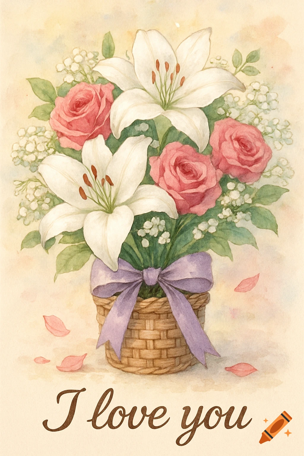 A watercolor illustration of a bouquet of white lilies and pink roses in a woven basket tied with a purple bow, with the text 'I love you' below.
