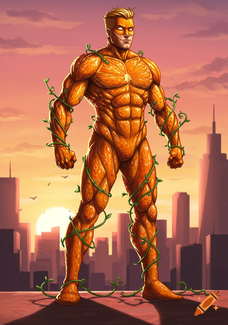A muscular male superhero with an orange fruit skin costume and green vines stands on a city rooftop at sunset, in a comic book style.