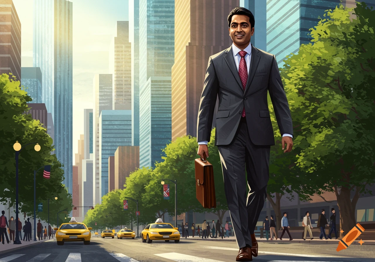 An illustrated man in a dark suit carrying a briefcase walks on a sunny city street with yellow taxis and tall buildings.